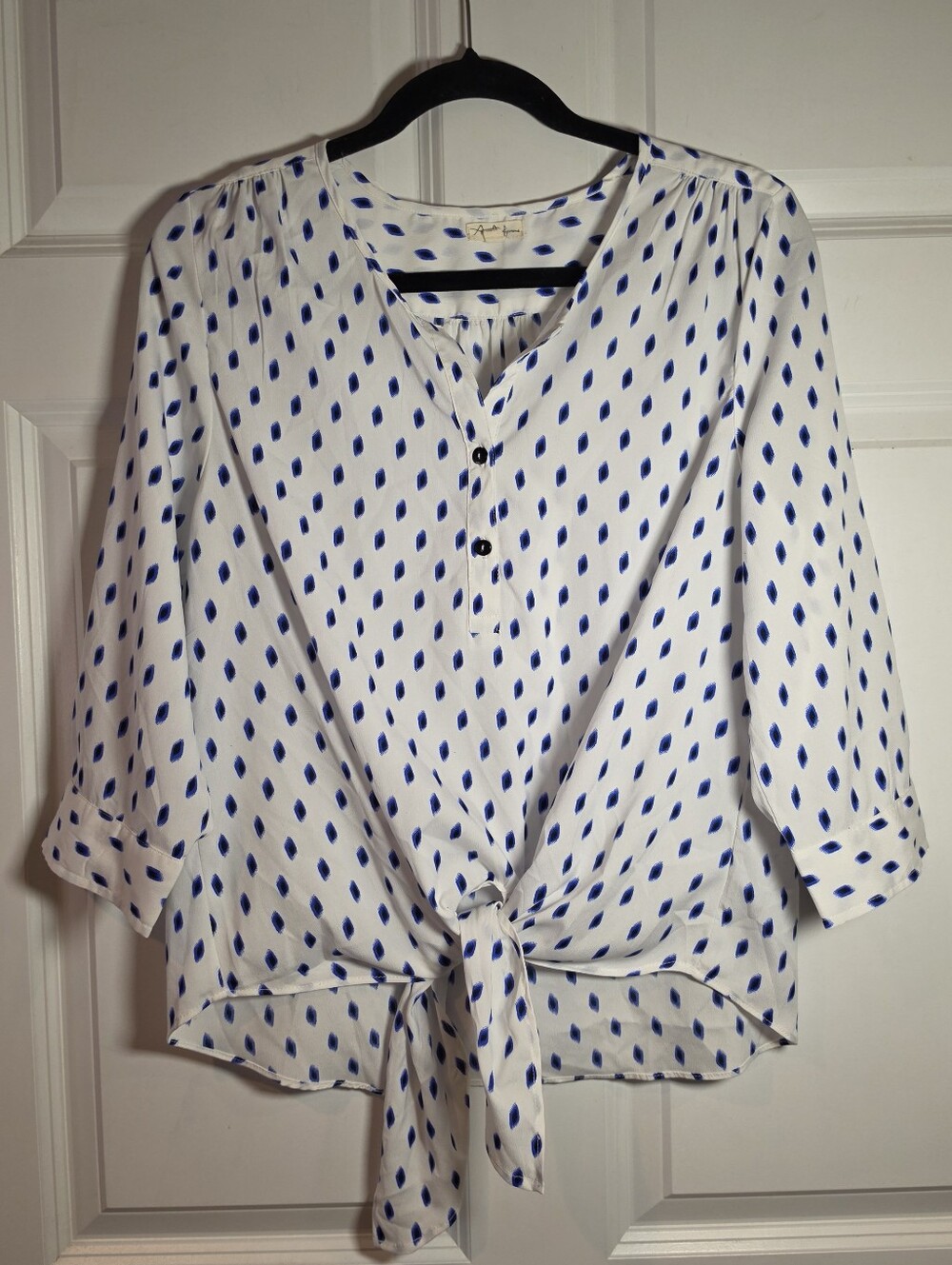 Aurelia Femme White and Blue Patterned Tie-Front Blouse L
